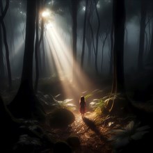 A little girl stands in a beam of light in a dark forest, symbolic image mystical, alone, afraid,