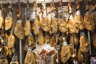 Close up display of cured hams inside a specialist shop in Barrio Macarena, Seville, Spain, Europe