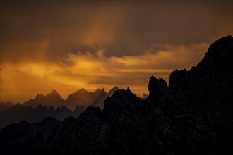 Montafon mountains with dramatic cloudy sky at sunrise, Tschagguns, Rätikon, Montafon, Vorarlberg,