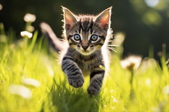 Playful Cute Kitten outdoors in Sunlit Grass. Kitten excitement and wonder as it explores the