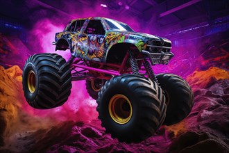 Monster truck with neon lighting, jumping off-road in cloud of dust. Excitement and thrill of an