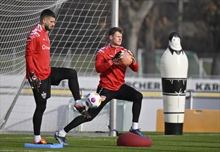 Goalkeeper Alexander Nuebel VfB Stuttgart (33) (right) and goalkeeper Fabian Bredlow VfB Stuttgart