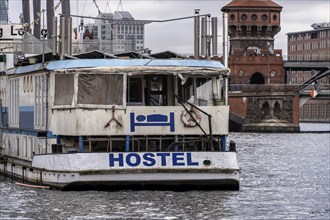 Former hostel ship on the Spree at the Oberbaum Bridge, Berlin, Germany, Europe