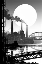 Illustration, graphic of an industrial landscape with bridges over a river, smoking chimneys under