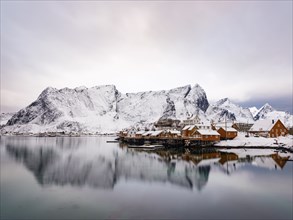 Traditional yellow rorbuer huts on the island of Sakrisøy, snow-covered rocky mountains in the