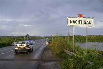 Sign at the Nachtigal Waterfalls on the Sanaga River, named after the German African explorer