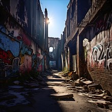 Narrow city alley walls adorned with graffiti narratives of resistance and decay, AI generated