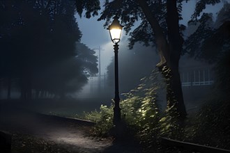 Solitary street lamp standing in an overgrown park, AI generated