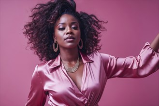 A black woman with curly hair and gold earrings is wearing a pink dress. She is standing in front