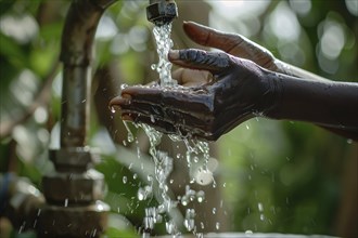 Black person's hand catching water in cupped hands. KI generiert, generiert, AI generated