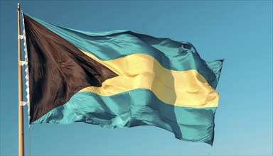 The flag of the Bahamas flutters in the wind, isolated against a blue sky