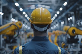 Back view of worker with safety helmet in factory. KI generiert, generiert, AI generated