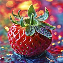 AI generated surreal food art blending a shiny theme vibrant colored strawberry