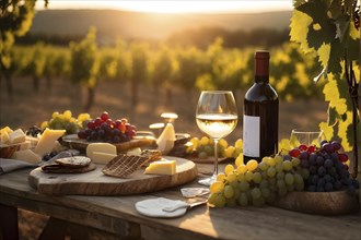 AI generated wine tasting table setup with wine and vine grapes nestled subtly amidst a thriving