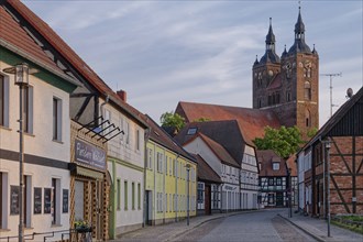 Half-timbered houses in Beusterstraße in the town centre of Seehausen in der Altmark. Behind it is