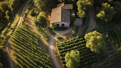 AI generated aerial view of a rustic vineyard cottage nestled amidst lush summer colored vine