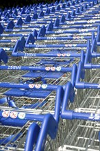 Stacked Tesco shopping trolleys, UK