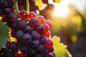 Harvest ready grape bunches with water droplets sparkling in the sunlight, AI generated