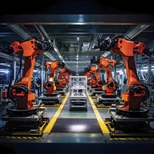 AI generated automotive assembly line in car manufacturing progression with automated machines