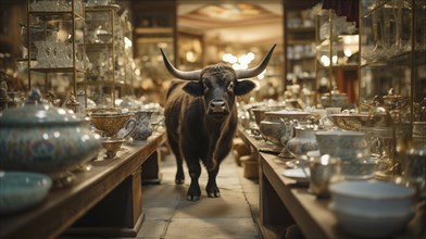 Very large bull with horns in a China shop filled with glassware. generative AI, AI generated