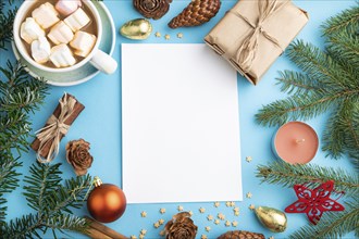 Christmas or New Year composition, template. Decorations, box, cinnamon, cones, fir and spruce