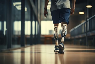 Amputee sportsman walking in corridor with bionic prosthetic legs prosthesis with robotic