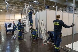 Construction of a vaccination centre for corona vaccinations, in a hall at Messe Essen, by the