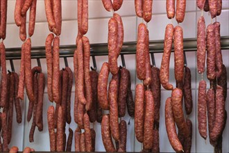 Air-dried sausage in a butcher's shop