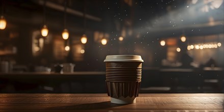 Coffee cup on a wooden table in a warmly lit cafe in blurred background, AI generated