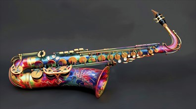 A colorful saxophone is displayed on a wall, AI generated