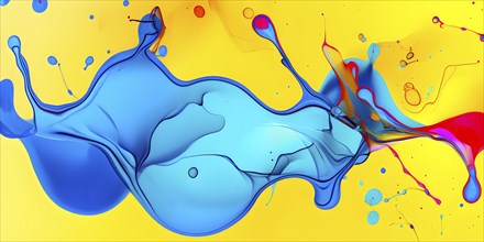 Abstract image with vibrant blue and red blobs and liquid shapes on a yellow background, AI