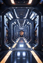 Three dimensional render of futuristic corridor inside a spaceship or space station, AI generated