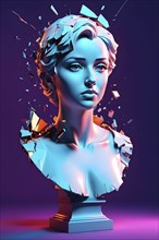 Three dimensional rendering of broken bust with illumination against colored background, AI