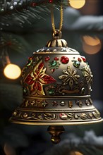 Vintage Christmas bell ornament hanging on a snow-dusted evergreen branch, capturing the intricate