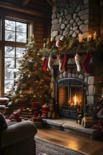 Traditional stone fireplace decorated for Christmas, with garlands, stockings, and candles, set in