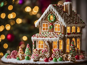 Gingerbread house decorations, focusing on the intricate icing details, colorful candy, and soft,