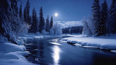 Serene winter night scene of a frozen river winding through a forest in moonlight, AI generated