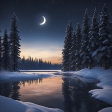 Tranquil winter night scene with a crescent moon and stars shining brightly over a frozen lake,