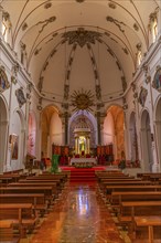 Nave and chancel of the Cathedral of Santa Maria de la neu, in the old town of Eivissa, Ibiza Town,