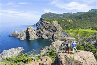 Aerial view, drone photo: Two men standing on a cliff above Bottle Cove, Bottle Cove Provincial