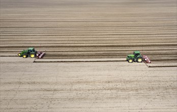 Aerial view, tractors sowing sunflower seeds, Thyrow, 21.04.2023