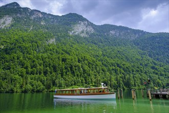 Excursion boat near St. Bartholomä am Königssee, Berchtesgadener Land, Upper Bavaria, Bavaria,