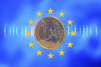 Symbolic image of the digital euro: one-euro coin against a virtual background