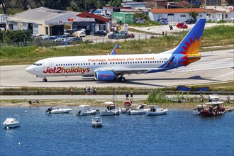 A Boeing 737-800 Jet2 aircraft with registration G-JZBP at Skiathos Airport, Greece, Europe