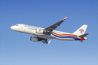 An Airbus A320 aircraft of Himalaya Airlines with the registration 9N-ALM at the airport in Dubai,