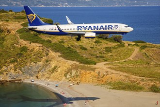 A Ryanair Boeing 737-800 aircraft with registration 9H-QEJ at Skiathos Airport, Greece, Europe