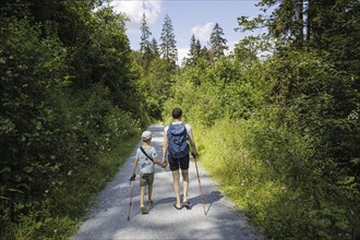 Symbolic photo on the subject of hiking with children. A child walks with his mother on a hiking