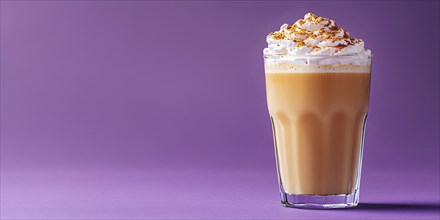 Banner with drinking glass with seasonal pumpkin spice latte on purple background with copy space.