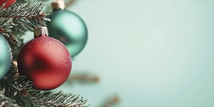 Christmas banner with green and red bauble ornaments on green background with copy space.