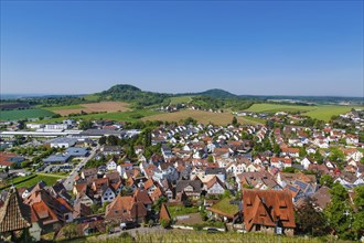 View of small town, houses, roofs, Hohenbeilstein Castle, hilltop castle, Beilstein, Heilbronn